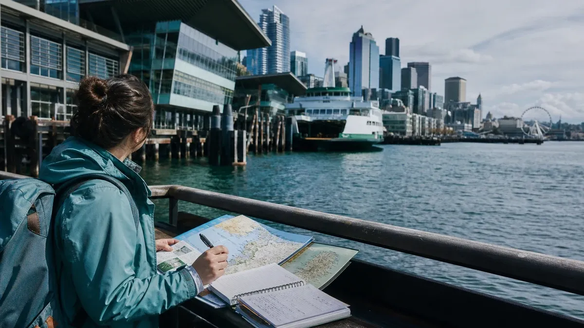 Waterfront ferry terminal editorial research scene with harbor maps