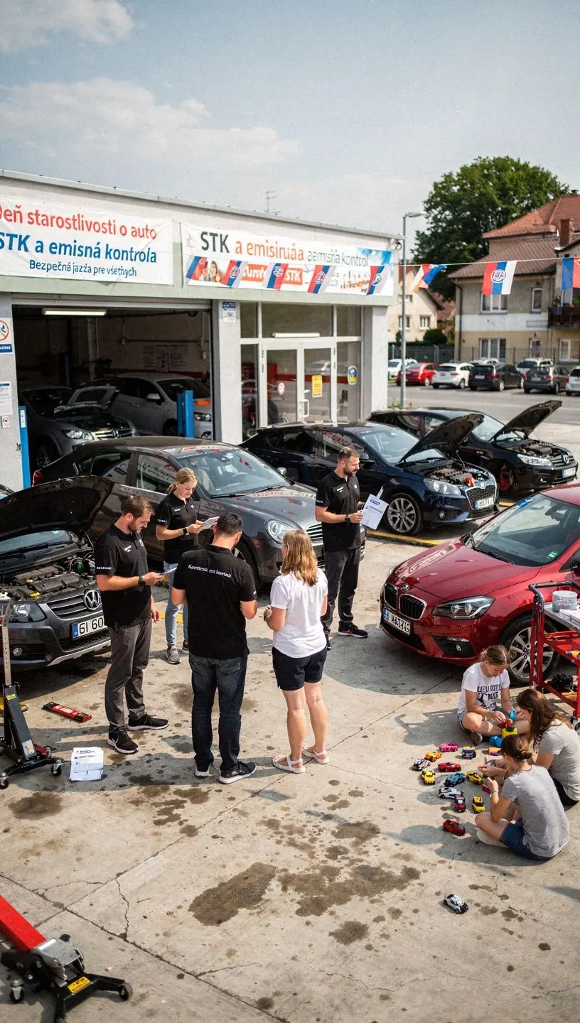 Technik vykonáva vizuálnu kontrolu pneumatiky a tlaku pred STK kontrolou vozidla.