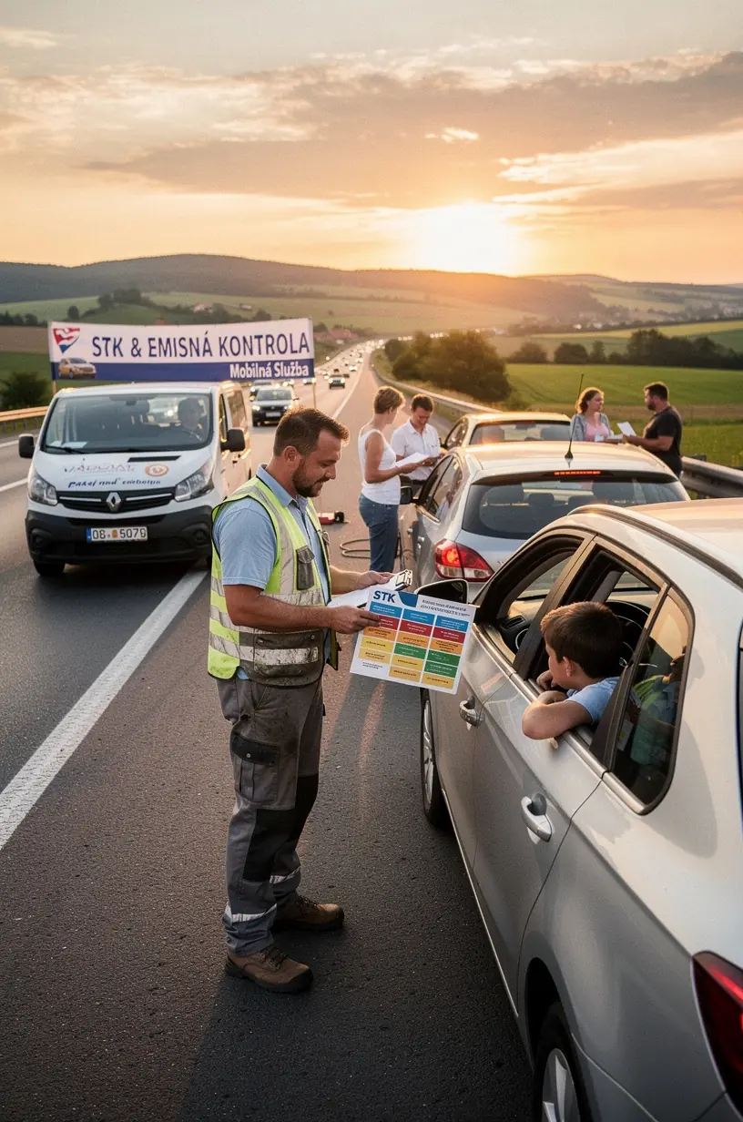 Pracovník autoopravovne kontroluje svetlomety a signalizáciu pred emisnou kontrolou.
